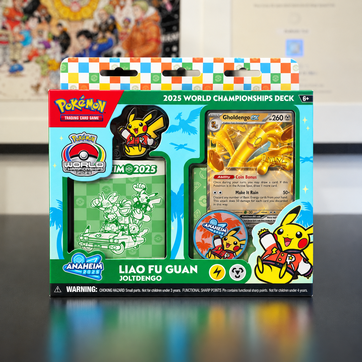 Pokémon Trading Card Game 2025 World Championships Deck box for Liao Fu Guan (Joltenndo), featuring a blue and green design with Pikachu illustrations and a sample card.