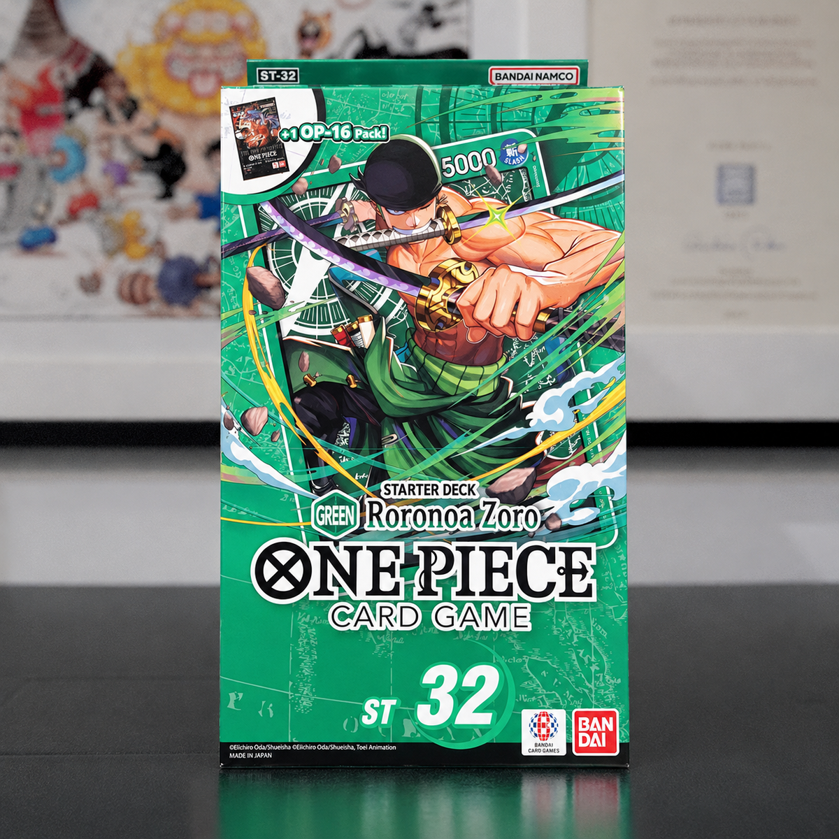 One Piece Card Game ST32 Green Roronoa Zoro Starter Deck featuring Roronoa Zoro prominently on the box with striking green artwork, dynamic anime illustrations and a bold design inspired by the swordsman and his role as the Straw Hat Pirates' combatant