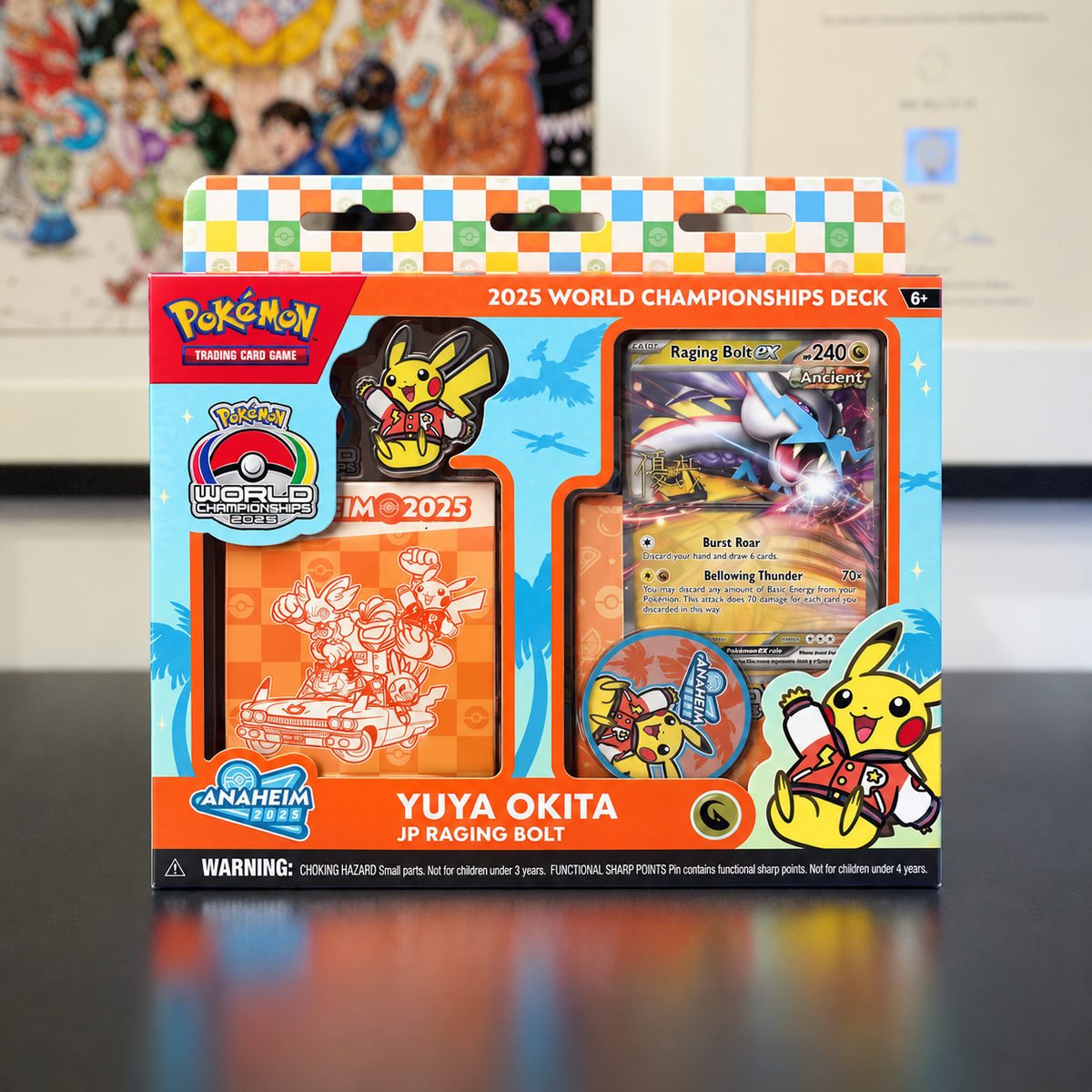 Pokémon Trading Card Game 2025 World Championships Deck box for Yuya Okita, featuring a blue and orange design with character graphics and a sample card window.