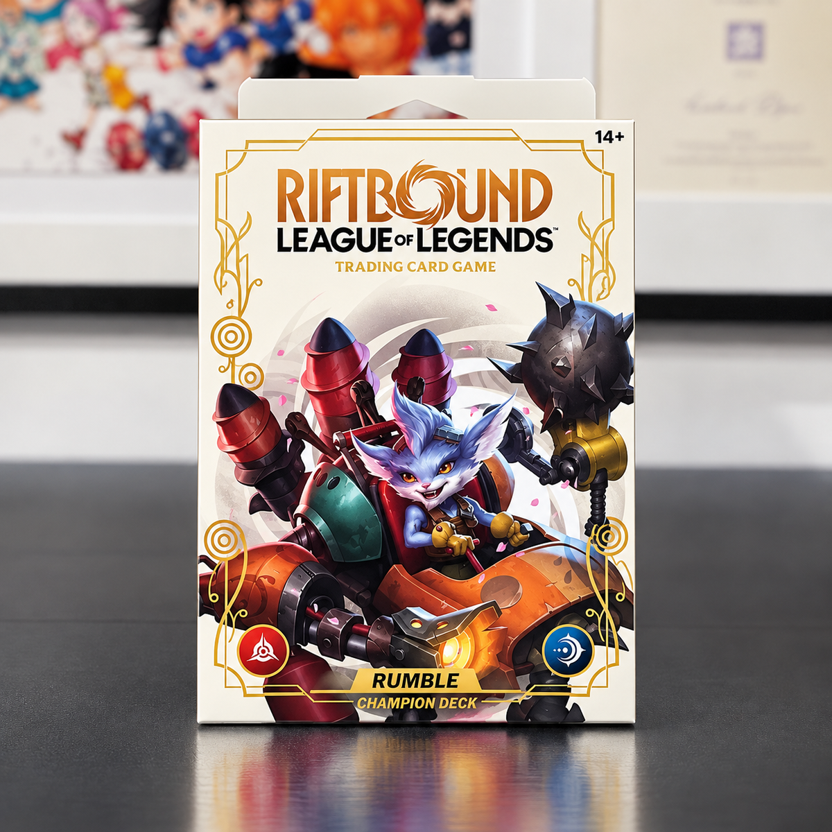 Riftbound League of Legends Rumble Champion Deck box standing upright on a dark tabletop, with the Riftbound League of Legends branding and colorful character artwork visible on the front.