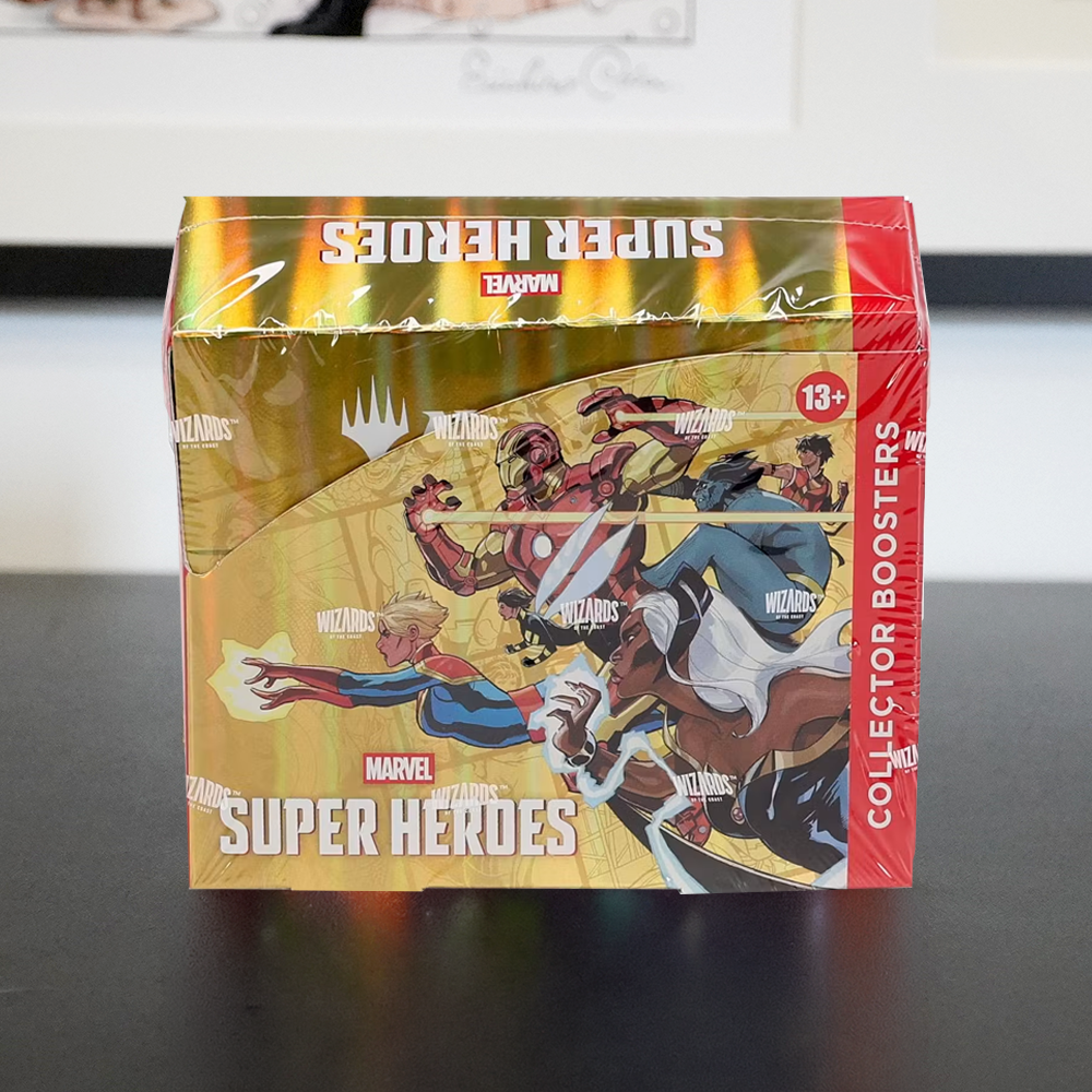 Marvel Super Heroes Collector Boosters trading card box, featuring a gold foil finish with colorful comic book character artwork and a red side panel reading "COLLECTOR BOOSTERS".