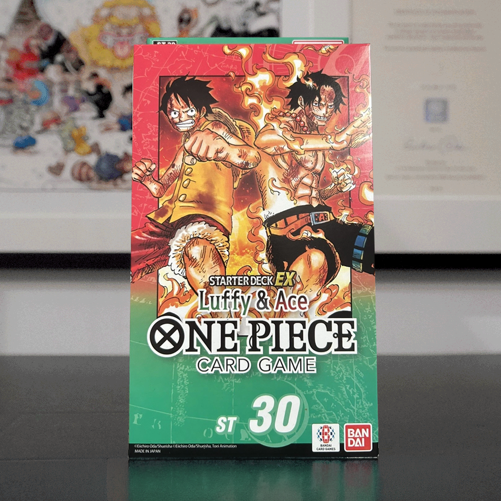 One Piece Card Game Starter Deck EX Luffy & Ace box set, featuring colorful anime artwork of Luffy and Ace with flames