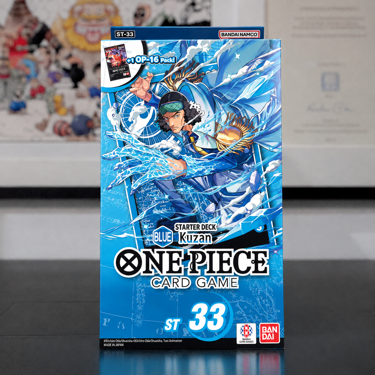 One Piece Card Game Starter Deck ST-33 Blue Kuzan box art packaging, featuring anime artwork of Kuzan with blue energy effects