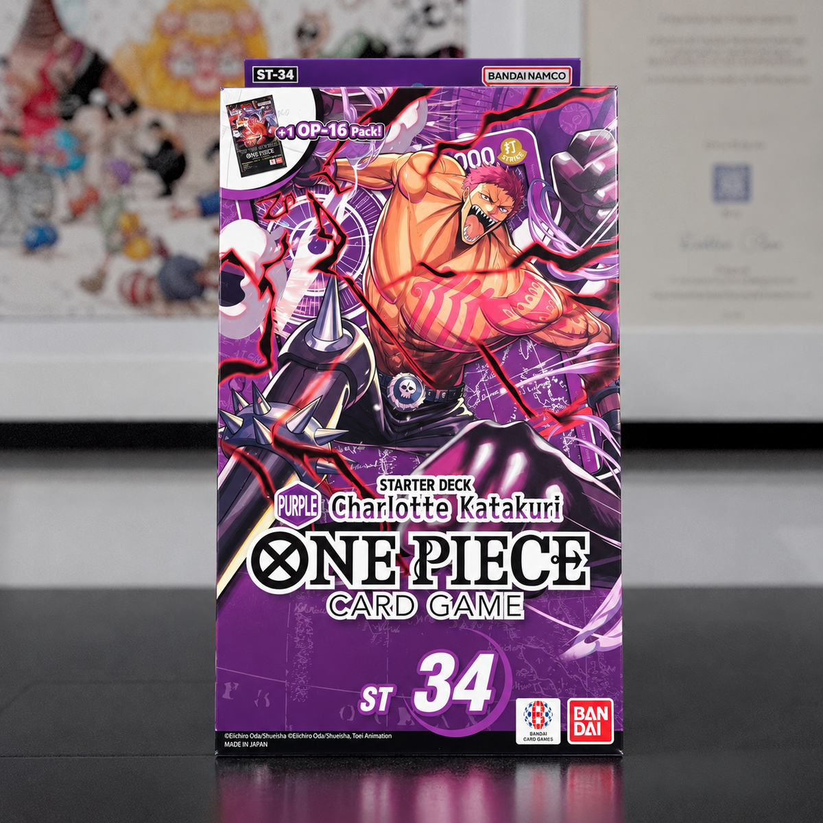 One Piece Card Game ST-34 Charlotte Kataki starter deck box by Bandai Namco, featuring purple and orange anime artwork